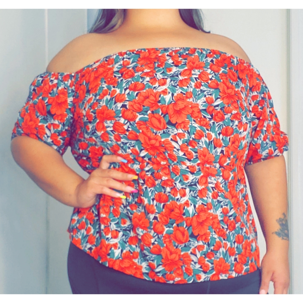 Red roses/floral off the shoulder top